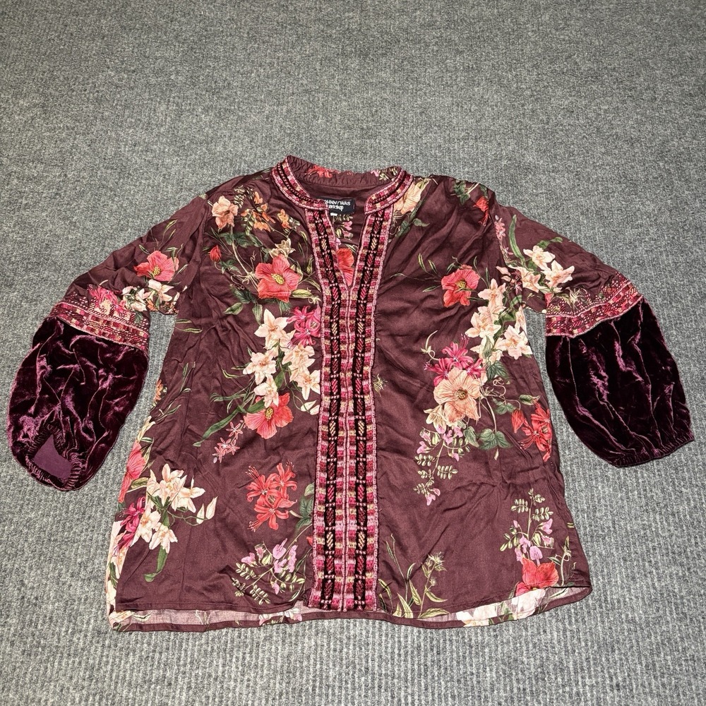 Johnny Was 3/4 Floral Blouse W/Velvet Sleeves Size S
